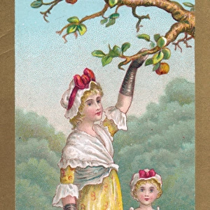 Mother and daughter in an orchard on a Christmas card