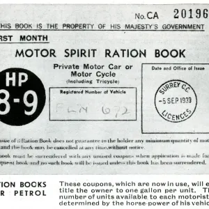 Motor spirit ration book front cover, September 1939