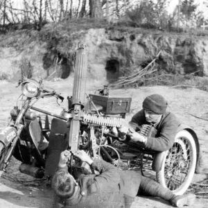 Motorcycle Machine Gun Unit firing at aircraft, WW1