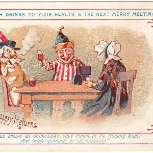 Mr Punch, Judy and Toby on a Christmas card