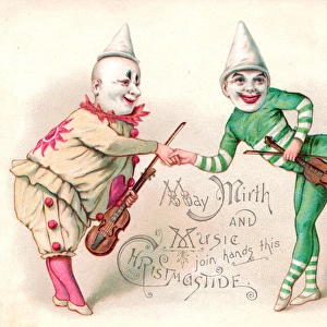 Two musical clowns on a Christmas card