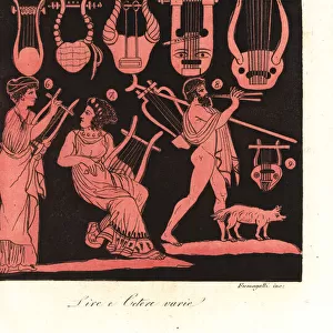 Musicians playing ancient Greek lyres, zither and tibia