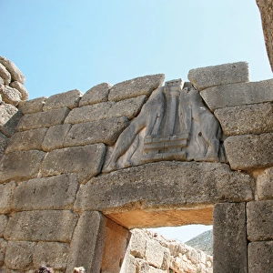 Mycenaean Art. The Lion Gate of Mycenes fortress. Peloponnes