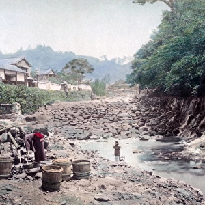 Nakajima, Nikko, Japan, circa 1880s - Washing clothes in a r