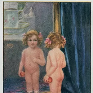 Naked little girl looking in the mirror