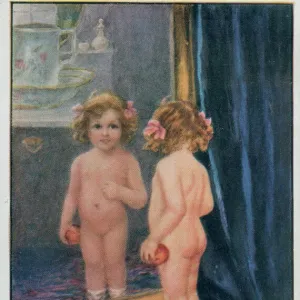 Naked little girl looking in the mirror