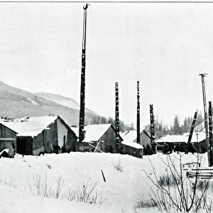 Native American Indian village with totem poles