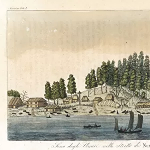 Native American village on the banks of the Nootka Sound