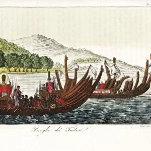 Natives of Tahiti on war canoes