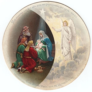 Nativity scene on a circular Christmas card