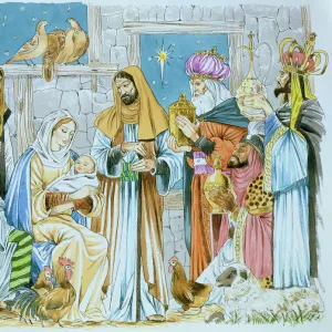 Nativity scene, with the Three Kings bearing gifts