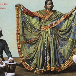 Nautch dancing girl and two musicians, India