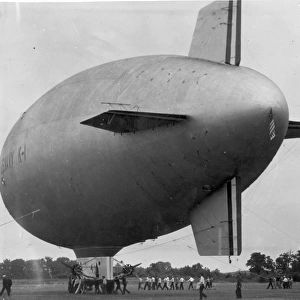 US Navy Goodyear K-1 airship being manoeuvred on the ground