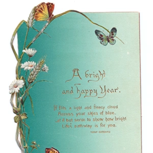 New Year card with butterflies and flowers