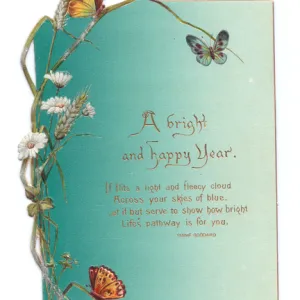 New Year card with butterflies and flowers