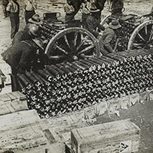 New Zealand troops loading ammunition limbers near Albert