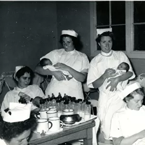 Nurses with babies in hospital nursery