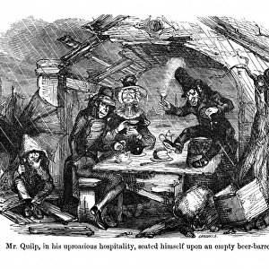 The Old Curiosity Shop, Mr Quilp seated on beer-barrel
