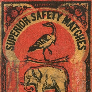 Old Japanese Matchbox label with an elephant and a bird