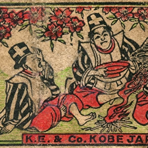Old Japanese Matchbox label and three men and cherry blossom