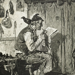 Old man reading the newspaper. Engraving. 19th century. Spai