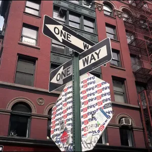 One-way sign and street furniture, New York - Street signs One-way sign and street furniture, New York - Street signs