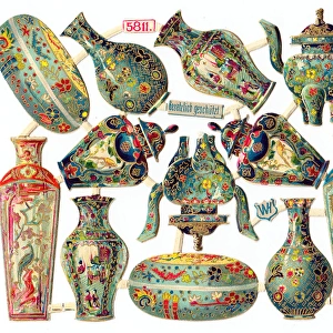 Oriental porcelain on a sheet of Victorian scraps