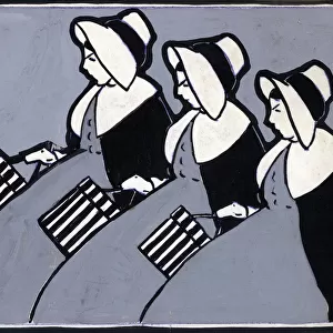 Original Artwork - Three identical maids with hat boxes
