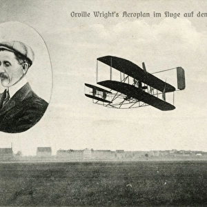 Orville Wrights aeroplane flying in a field