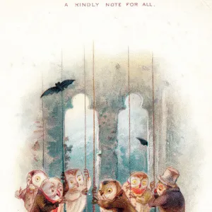 Six owl bellringers on a Christmas card