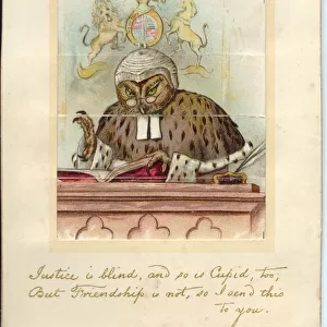 Owl dressed as a judge on a Christmas card