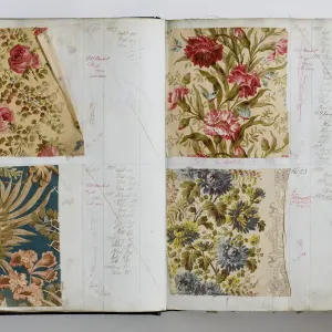 Pages from a book of textile samples, annotated by hand with Pages from a book of textile samples, annotated by hand with