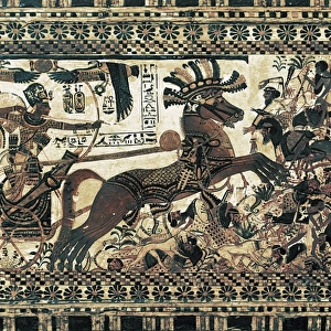Painted chest depicting a king on his chariot
