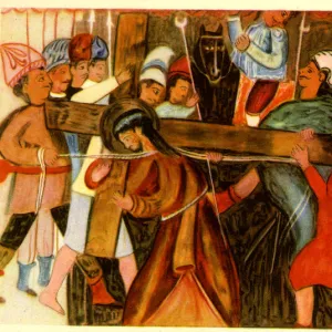 Painted sailcloth, Jesus assisted in carrying the Cross