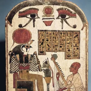 Painted wood stele depicting Amon musician playing