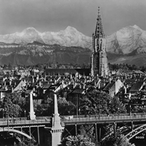 A panoramic view of Bern, Switzerland - Alps in distance