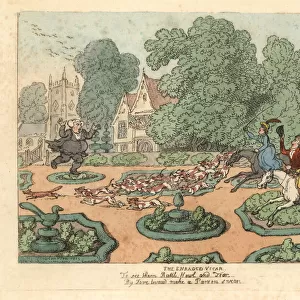 Parson cursing foxhunters and hounds trampling his garden