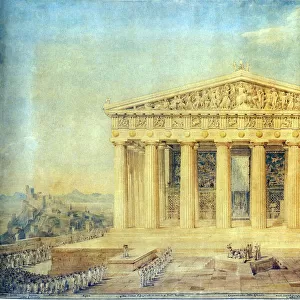 The Parthenon with Greek troops in ceremony, Greece 1840 Date: 1840