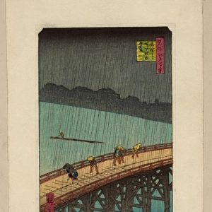 Pedestrians crossing a bridge during a rain storm