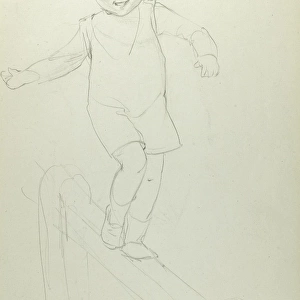 Pencil sketch of child on a fence