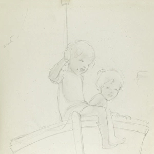 Pencil sketch of two children on a boat