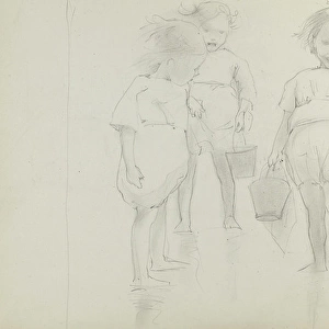 Pencil sketch of four children paddling