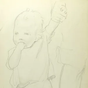 Pencil sketch of little boy paddling