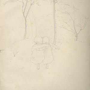 Pencil sketch of toddlers and trees