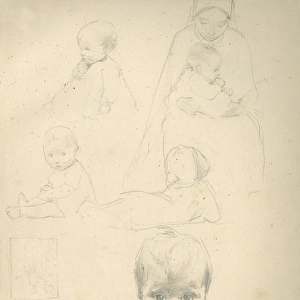 Pencil sketches of babies and a mother
