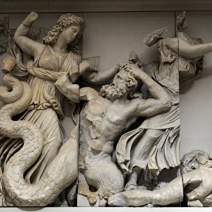 Pergamon Altar. The three Moirai, goddesses of fate, kill th