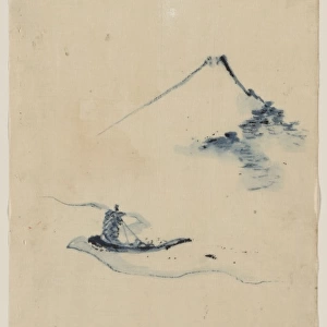 A person in a small boat on a river with Mount Fuji in the b