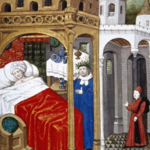 Petrarch appears in dreams to Boccaccio. Miniature in Book o