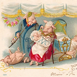 Pig couple with three children on a postcard