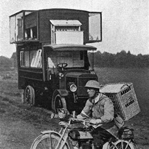 Pigeons and their motor lorry home at the front, WWI